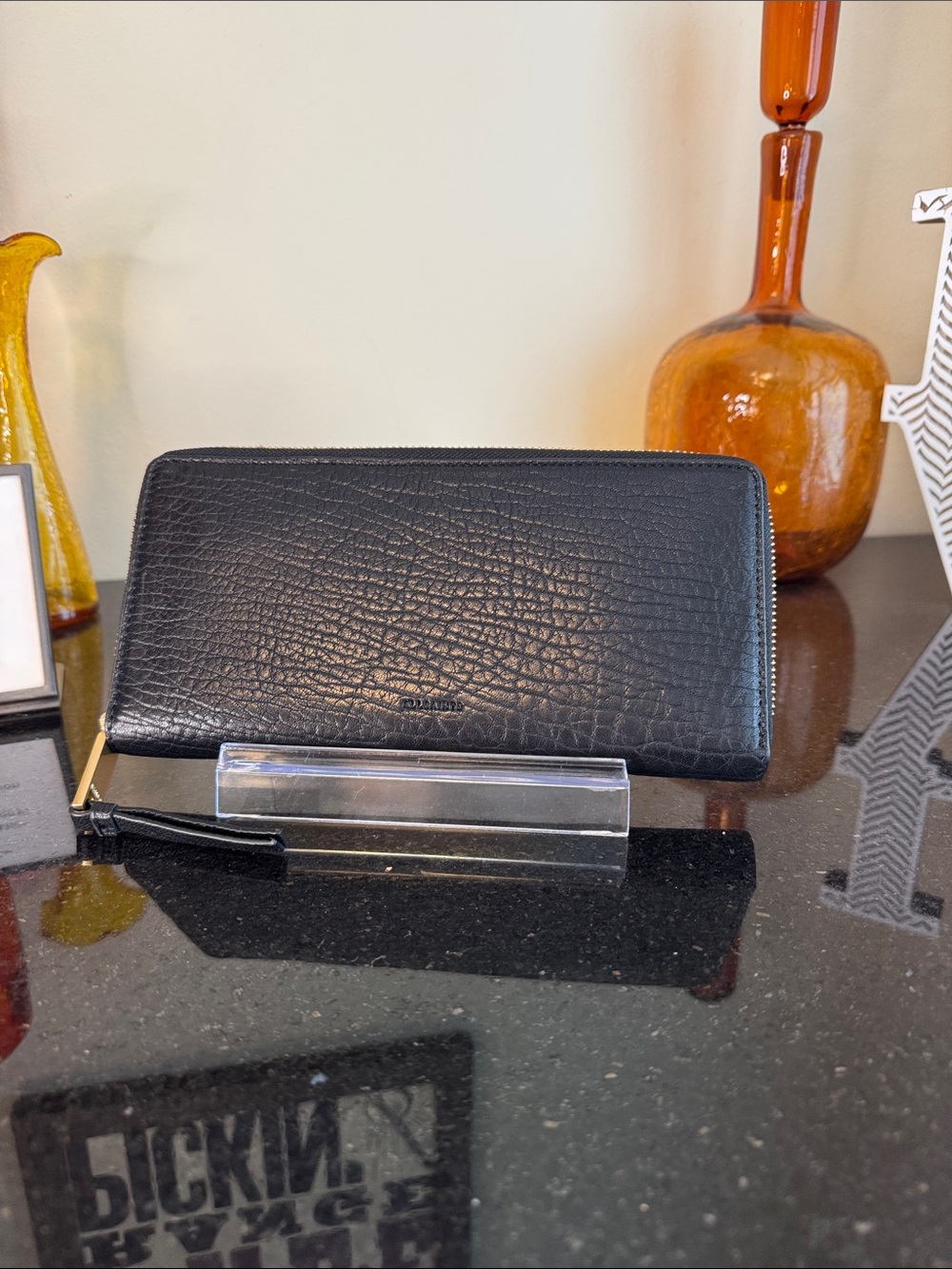 AllSaints Black Pebbled Leather Zip Wallet